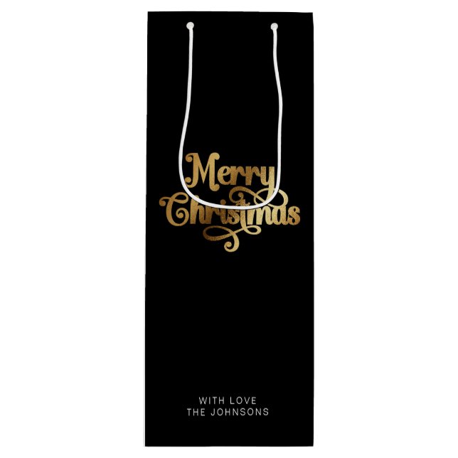 Simple Retro Script Black Gold Merry Christmas Wine Gift Bag (Front)