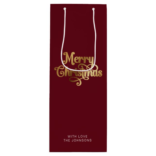 Simple Retro Script Red Gold Merry Christmas Wine Gift Bag (Front)