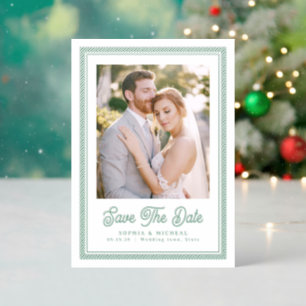 Simple Retro Script Striped Borders Save The Date Letterpress Photo Cards
