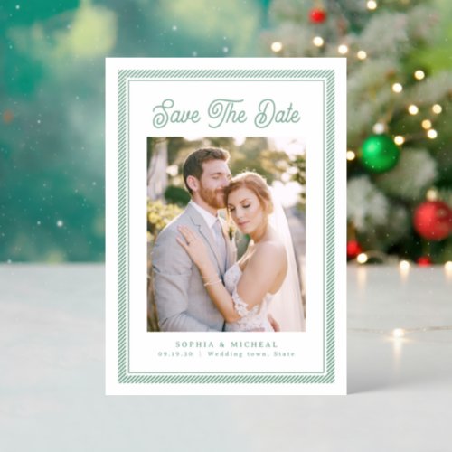 Simple Retro Script Striped Borders Save The Date Letterpress Photo Cards