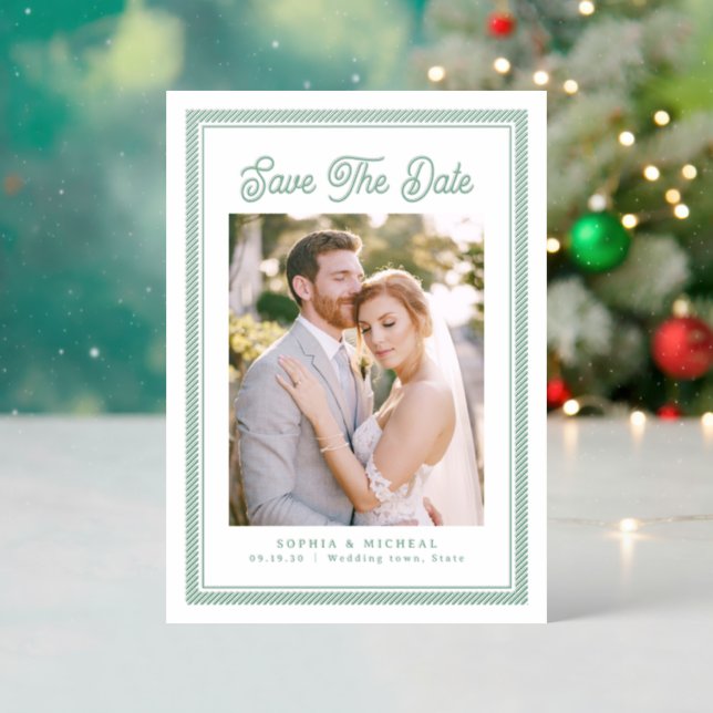 Simple Retro Script Striped Borders Save The Date Letterpress Photo Cards (Front (Into))