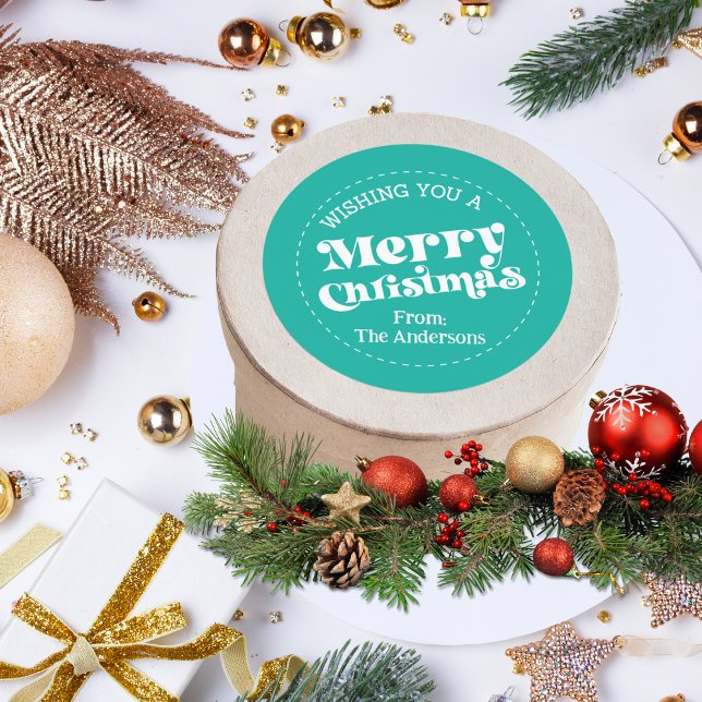 Simple Retro Teal Christmas Large Classic Round Sticker (Merry Christmas Retro Font Packaging Sticker in Teal)