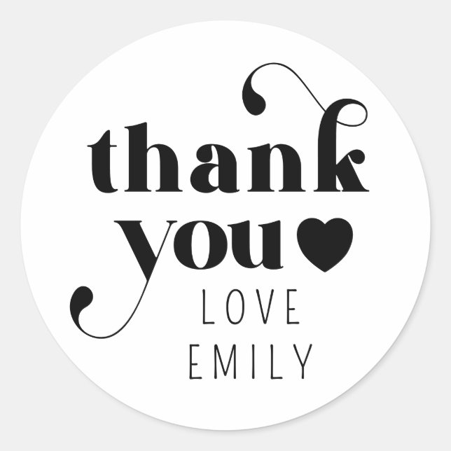 Simple Retro Thank You Heart | Black White Classic Round Sticker (Front)