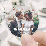Simple Retro Typography & Photo Wedding Thank You Classic Round Sticker<br><div class="desc">Add a stylish retro touch to wedding thank you cards and reception party favors with custom photo round stickers / envelope seals. The picture and all wording on this template are simple to personalize. "Thank you" can be changed to love & thanks, welcome, the couple's initials, other text, or it...</div>