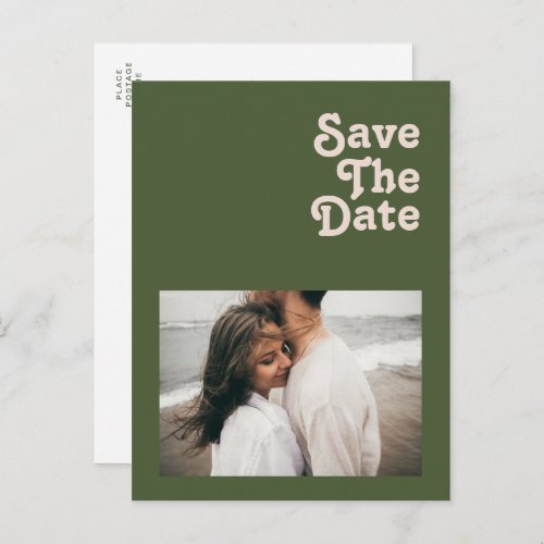 Simple Retro Vibe Olive Green Photo Save The Date Invitation Postcard