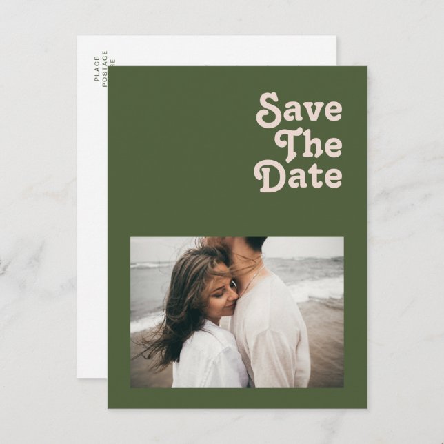 Simple Retro Vibe Olive Green Photo Save The Date Invitation Postcard (Front/Back)