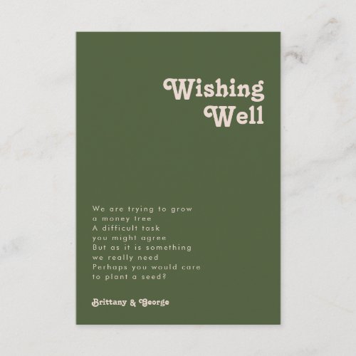 Simple Retro Vibe Olive Green Wedding Wishing Well Enclosure Card