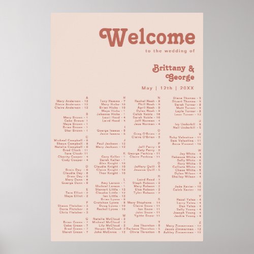 Simple Retro Vibes Blush Pink Alphabetical Seating Poster