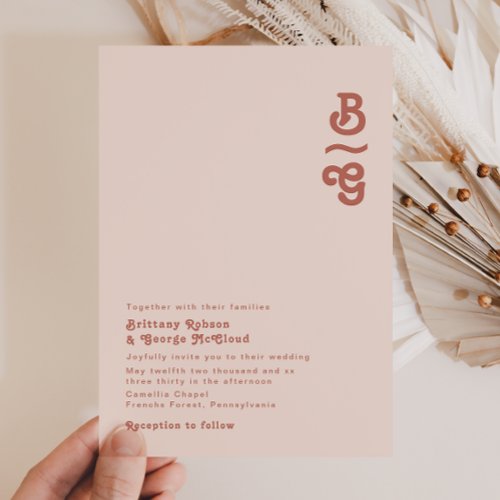 Simple Retro Vibes  Blush Pink Monogram Wedding Invitation