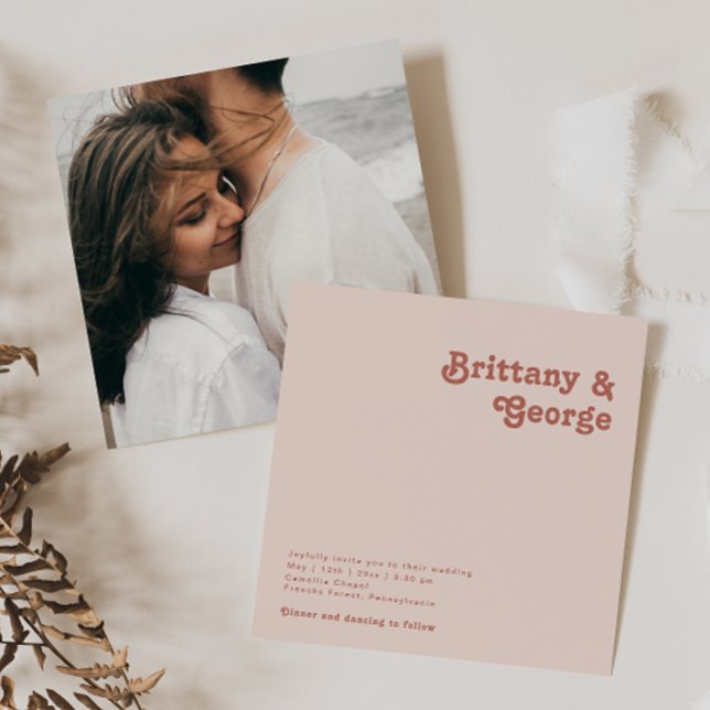 Simple Retro Vibes Blush Pink Square Photo Wedding Invitation (Creator Uploaded)