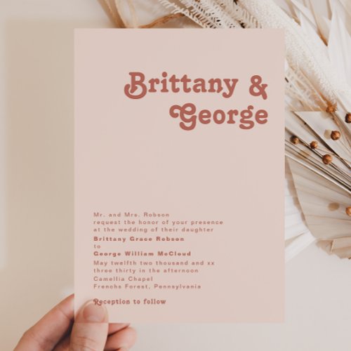 Simple Retro Vibes Blush Pink Traditional Wedding Invitation