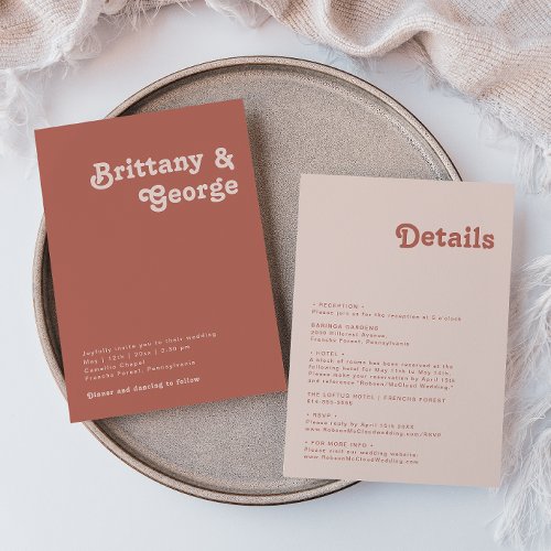 Simple Retro Vibes  Old Rose All In One Wedding Invitation
