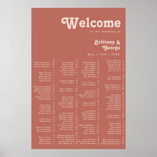 Simple Retro Vibes  Old Rose Alphabetical Seating Poster