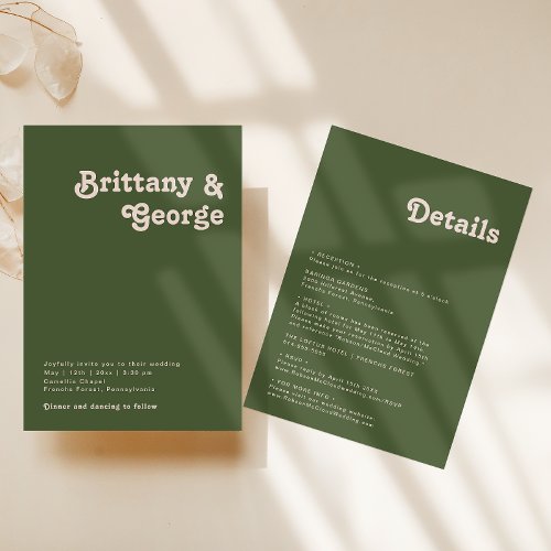 Simple Retro Vibes Olive Green All In One Wedding Invitation