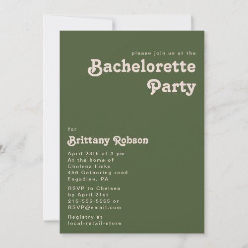 Simple Retro Vibes Olive Green Bachelorette Party Invitation