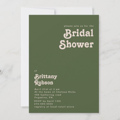 Simple Retro Vibes  Olive Green Bridal Shower Invitation