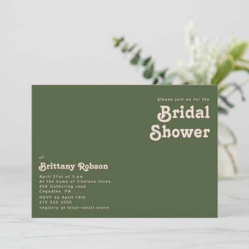 Simple Retro Vibes  Olive green Bridal Shower Invitation