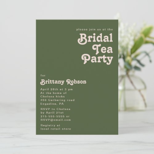Simple Retro Vibes  Olive Green Bridal Tea Party Invitation
