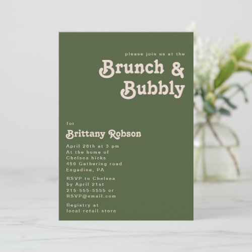 Simple Retro Vibes  Olive Green Brunch and Bubbly Invitation