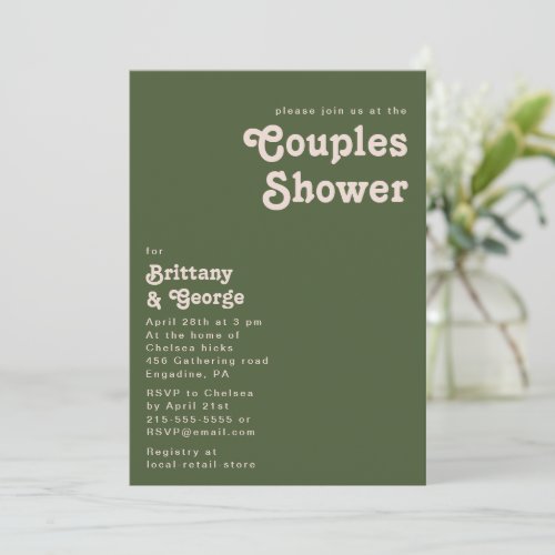 Simple Retro Vibes  Olive Green Couples Shower Invitation