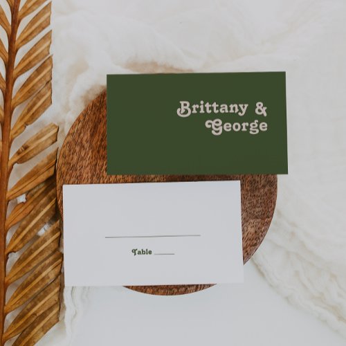 Simple Retro Vibes  Olive Green Flat Wedding Place Card