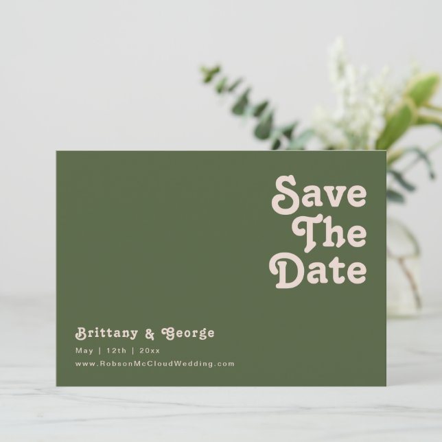 Simple Retro Vibes | Olive Green Horizontal Save The Date (Standing Front)