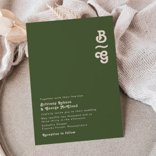 Simple Retro Vibes   Olive Green Monogram Wedding Invitation