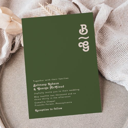 Simple Retro Vibes  Olive Green Monogram Wedding Invitation