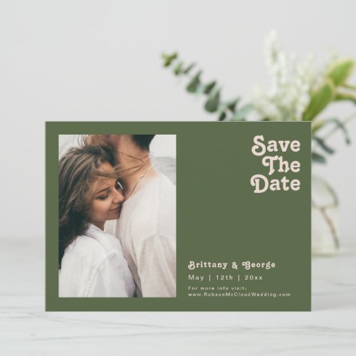 Simple Retro Vibes  Olive Green Photo Horizontal Save The Date