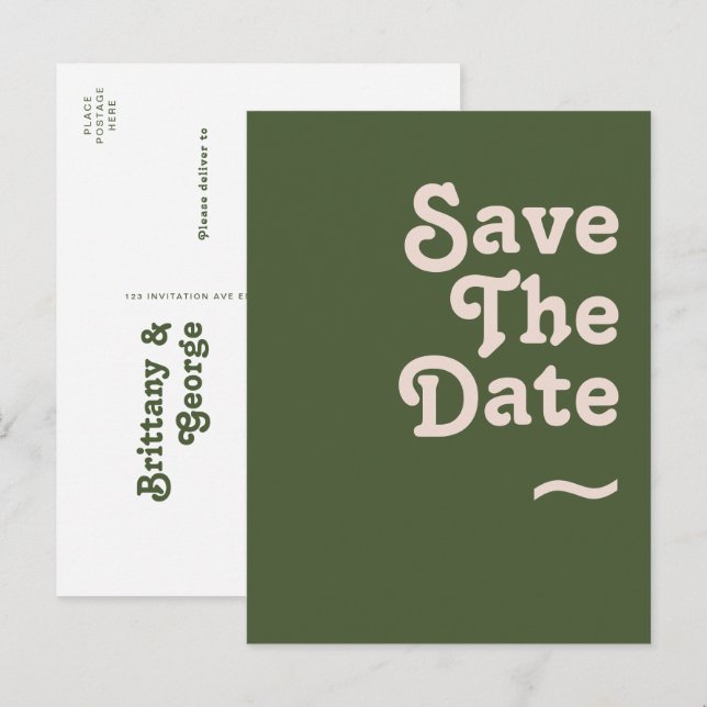 Simple Retro Vibes | Olive Green Save The Date Invitation Postcard (Front/Back)