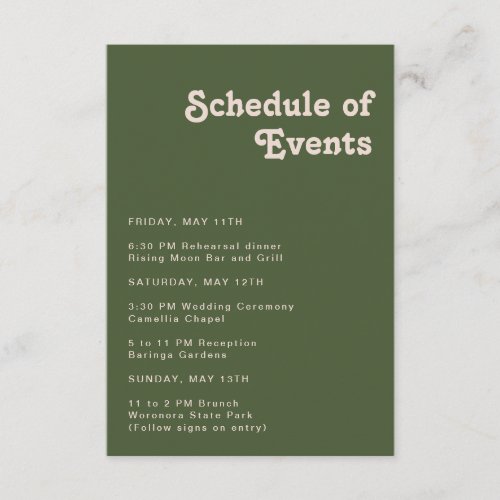 Simple Retro Vibes Olive Green Schedule of Events Enclosure Card