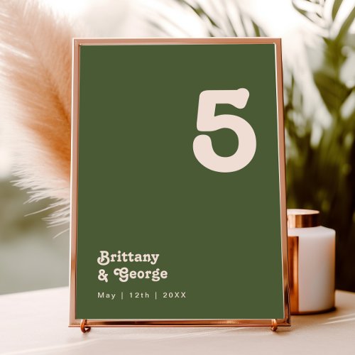 Simple Retro Vibes  Olive Green Table Number