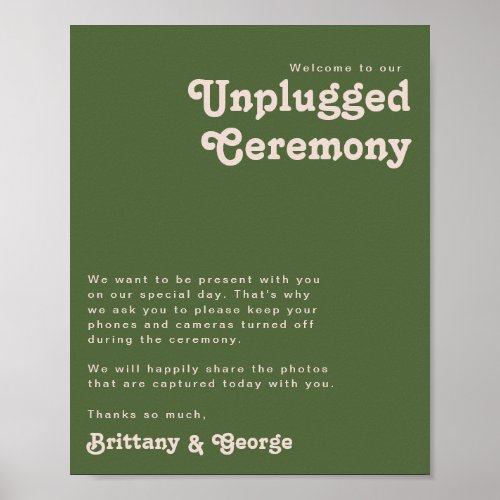 Simple Retro Vibes Olive Green Unplugged Ceremony Poster
