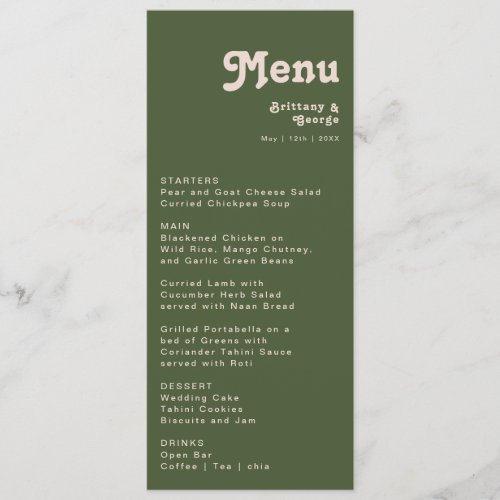 Simple Retro Vibes | Olive Green Wedding Dinner Menu
