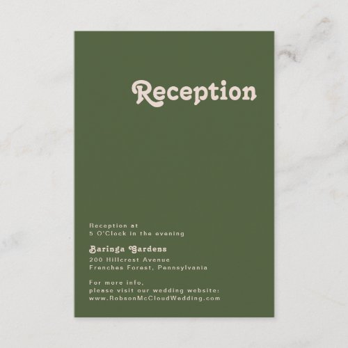 Simple Retro Vibes  Olive Green Wedding Reception Enclosure Card