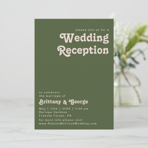 Simple Retro Vibes  Olive Green Wedding Reception Invitation