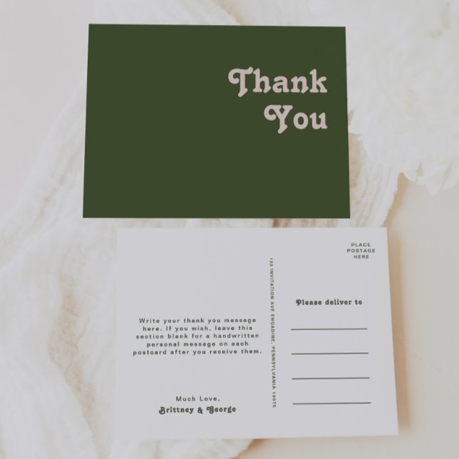 Simple Retro Vibes | Olive Green Wedding Thank You Postcard