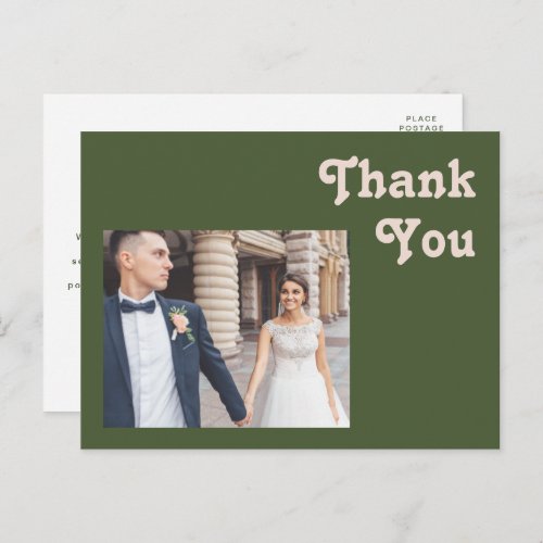 Simple Retro Vibes  Olive Green Wedding Thank You Postcard