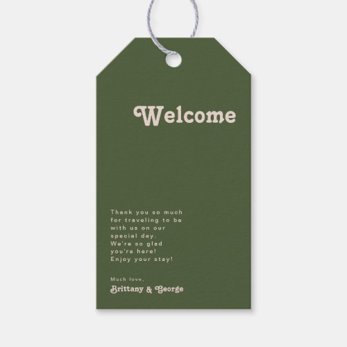 Simple Retro Vibes  Olive Green Wedding Welcome Gift Tags