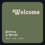 Simple Retro Vibes | Olive Green Wedding Welcome Square Sticker<br><div class="desc">This simple retro vibes | olive green wedding welcome square sticker is perfect for your classic funky vintage earth tones wedding. The design features a minimalist hippie rustic boho font. The neutral southwest desert color palette and earthy bohemian mid-century lettering combine for a perfect, minimal modern western destination design. Feel...</div>