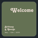 Simple Retro Vibes | Olive Green Wedding Welcome Square Sticker<br><div class="desc">This simple retro vibes | olive green wedding welcome square sticker is perfect for your classic funky vintage earth tones wedding. The design features a minimalist hippie rustic boho font. The neutral southwest desert color palette and earthy bohemian mid-century lettering combine for a perfect, minimal modern western destination design. Feel...</div>