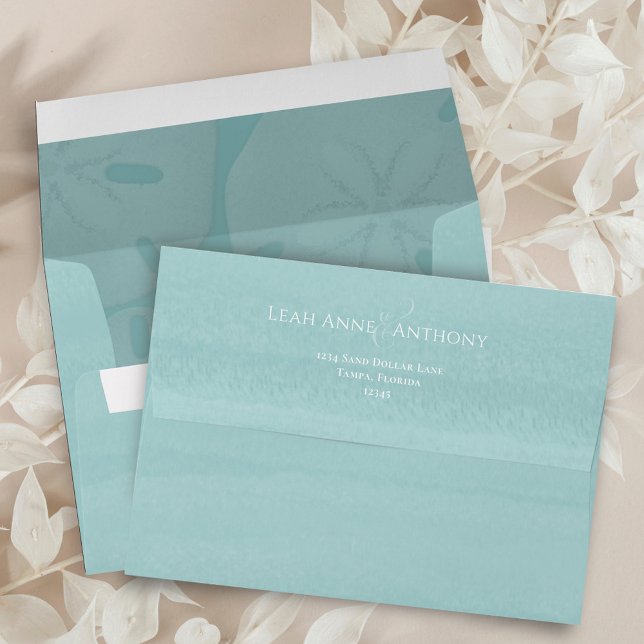 Simple Return Address Turquoise Beach Sand Dollar Envelope (Turquoise blue watercolor envelope with sand dollars and return address printed on the back flap. )