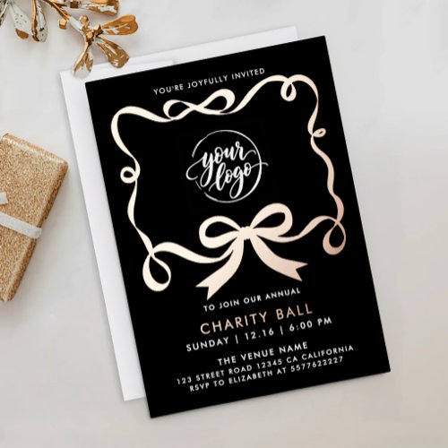 Simple Ribbon Logo Black Gold Business Annual Gala Foil Invitation