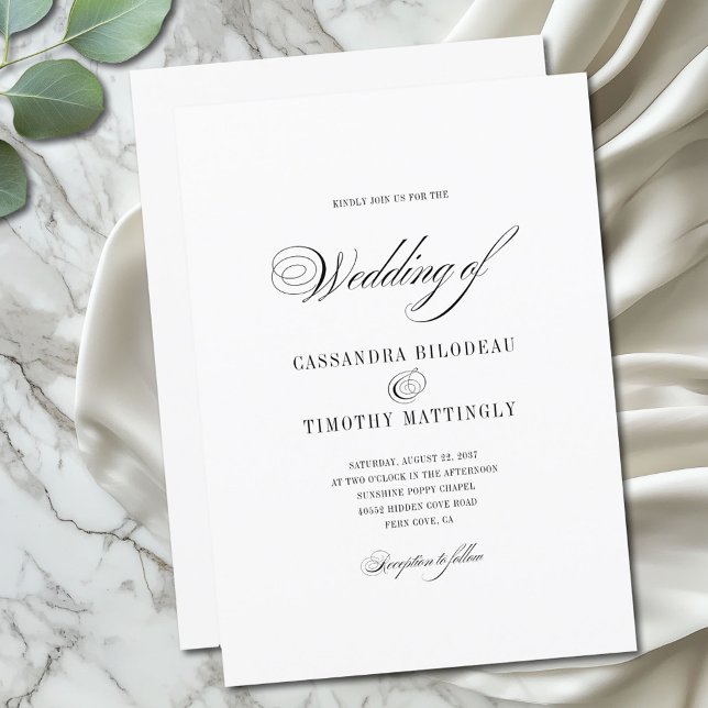 Simple Romantic Black and White Fun Script Wedding Invitation (A simple, minimal, modern wedding invitation with  an elegant vintage flair)