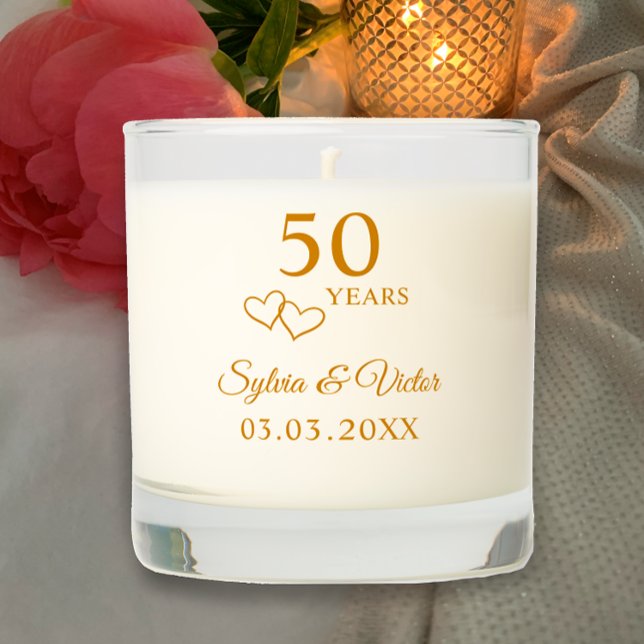 Simple Romantic Custom Golden 50th Anniversary Scented Candle (Add couples names and anniversary date for personalized golden 50th anniversary candle gift or decor)