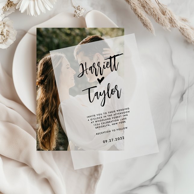 Simple Romantic Lovely Heart Script Wedding Vellum Invitations (Creator Uploaded)