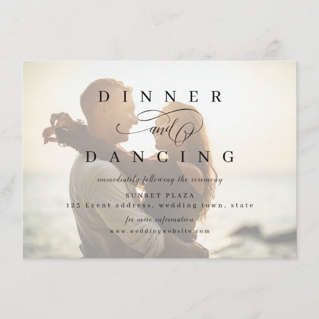 Simple romantic script photo wedding reception enclosure card (Front)