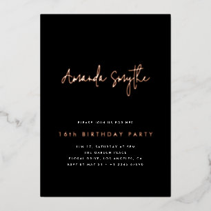 Simple Rose Gold and Black 16th Birthday Party Foil Invitation