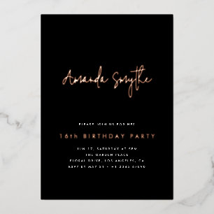 Simple Rose Gold and Black 16th Birthday Party Foil Invitation