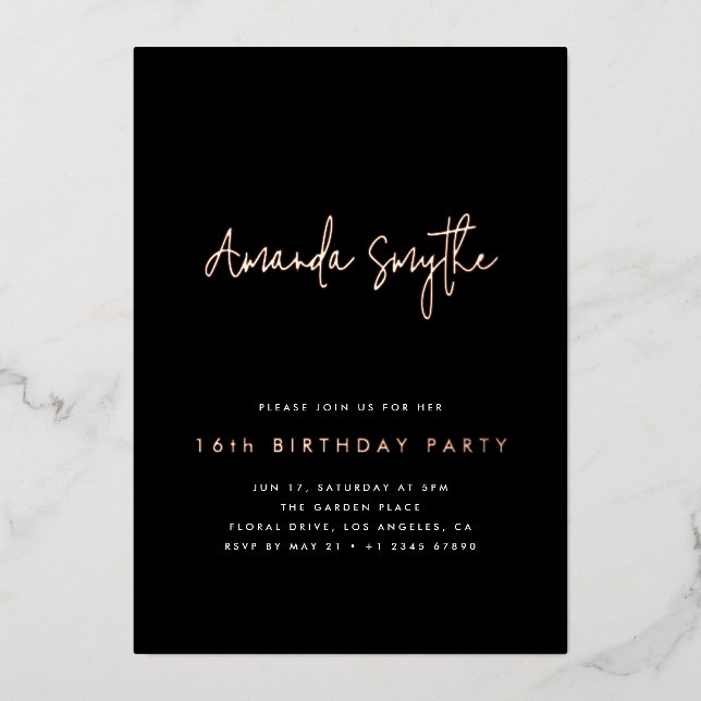 Simple Rose Gold and Black 16th Birthday Party Foil Invitation (Front)